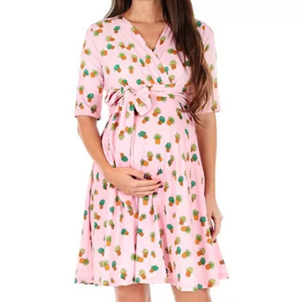 Mother Bee Maternity Light Pink Pineapple Summer Dress Size Small New